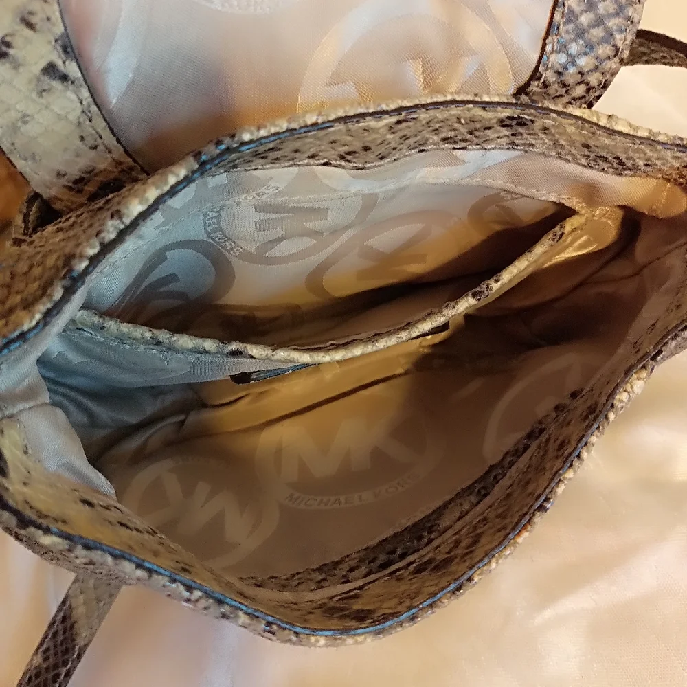 Micheal Kors tan and black small faux snake skin crossbody